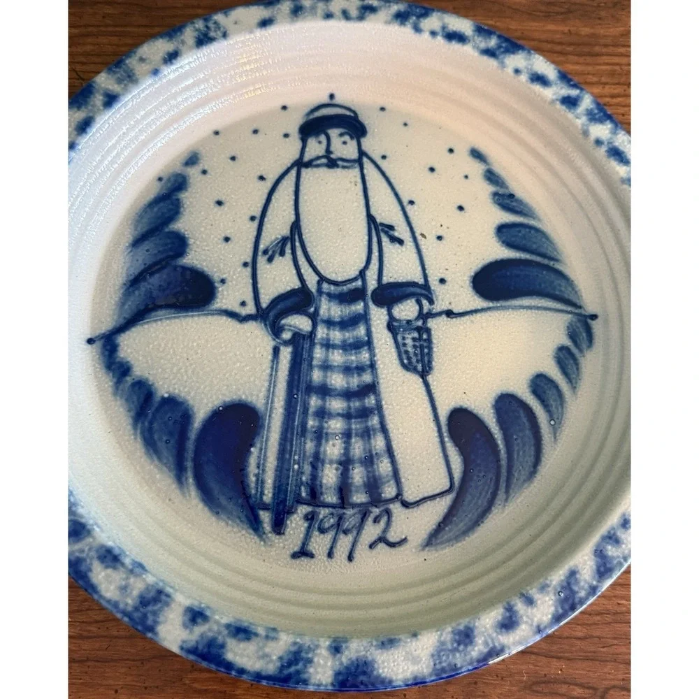 Salt Glazed Ceramic Pottery Eldreth Pottery 1992 Signed Santa Claus Plate‎ Blue